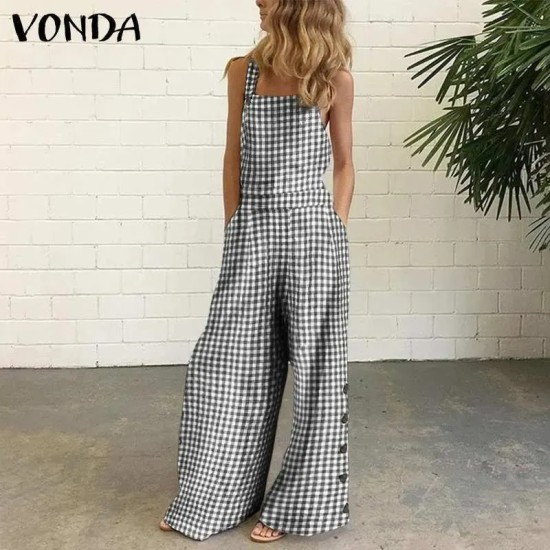 Women Casual Check-Print Wide-Leg Jumpsuit