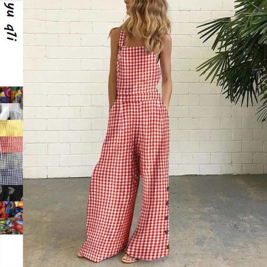 Women Casual Check-Print Wide-Leg Jumpsuit