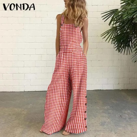 Women Casual Check-Print Wide-Leg Jumpsuit