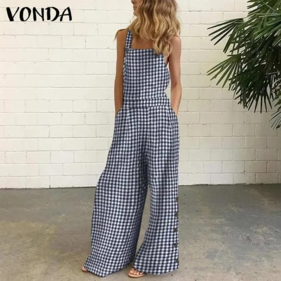 Women Casual Check-Print Wide-Leg Jumpsuit