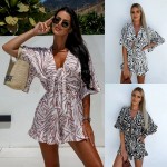Women Summer Holiday Casual V-Neck Printed Short-Sleeved Rompers Women Summer Holiday Casual V-Neck Printed Short-Sleeved Rompers