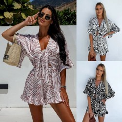 Women Summer Holiday Casual V-Neck Printed Short-Sleeved Rompers Women Summer Holiday Casual V-Neck Printed Short-Sleeved Rompers