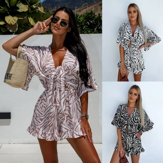 Women Summer Holiday Casual V-Neck Printed Short-Sleeved Rompers Women Summer Holiday Casual V-Neck Printed Short-Sleeved Rompers