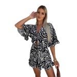 Women Summer Holiday Casual V-Neck Printed Short-Sleeved Rompers Women Summer Holiday Casual V-Neck Printed Short-Sleeved Rompers