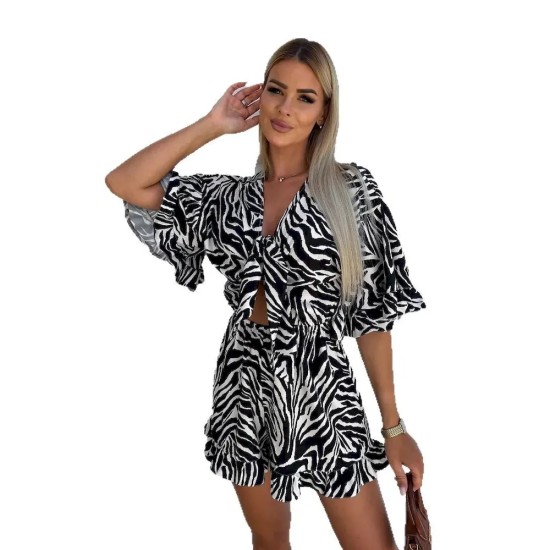 Women Summer Holiday Casual V-Neck Printed Short-Sleeved Rompers Women Summer Holiday Casual V-Neck Printed Short-Sleeved Rompers