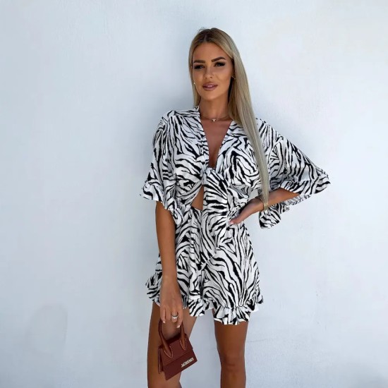 Women Summer Holiday Casual V-Neck Printed Short-Sleeved Rompers Women Summer Holiday Casual V-Neck Printed Short-Sleeved Rompers