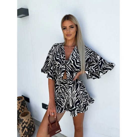 Women Summer Holiday Casual V-Neck Printed Short-Sleeved Rompers Women Summer Holiday Casual V-Neck Printed Short-Sleeved Rompers