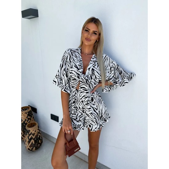 Women Summer Holiday Casual V-Neck Printed Short-Sleeved Rompers Women Summer Holiday Casual V-Neck Printed Short-Sleeved Rompers