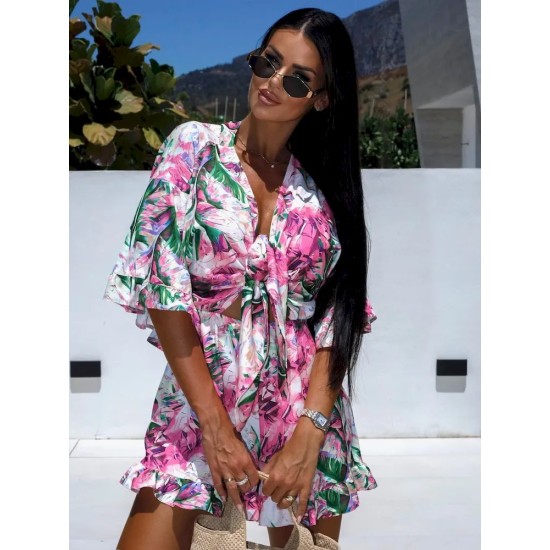 Women Summer Holiday Casual V-Neck Printed Short-Sleeved Rompers Women Summer Holiday Casual V-Neck Printed Short-Sleeved Rompers