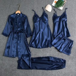 Women Summer Ice Silk Sexy Solid Color Lace Long Sleeve Nightgown Five-Piece Set Women Summer Ice Silk Sexy Solid Color Lace Long Sleeve Nightgown Five-Piece Set