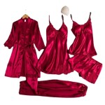 Women Summer Ice Silk Sexy Solid Color Lace Long Sleeve Nightgown Five-Piece Set Women Summer Ice Silk Sexy Solid Color Lace Long Sleeve Nightgown Five-Piece Set