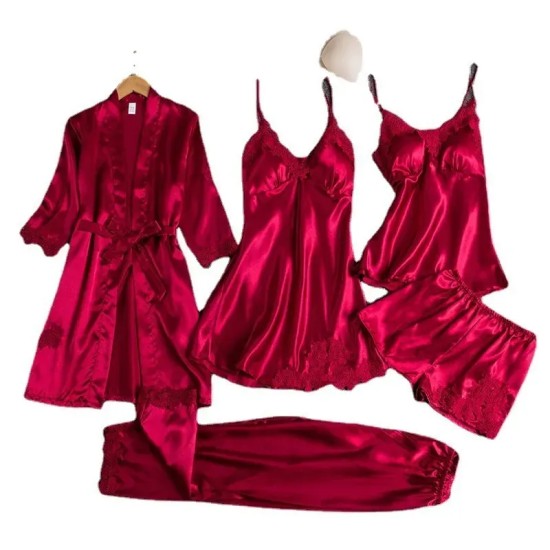 Women Summer Ice Silk Sexy Solid Color Lace Long Sleeve Nightgown Five-Piece Set Women Summer Ice Silk Sexy Solid Color Lace Long Sleeve Nightgown Five-Piece Set