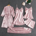 Women Summer Ice Silk Sexy Solid Color Lace Long Sleeve Nightgown Five-Piece Set Women Summer Ice Silk Sexy Solid Color Lace Long Sleeve Nightgown Five-Piece Set