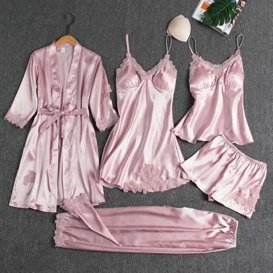 Women Summer Ice Silk Sexy Solid Color Lace Long Sleeve Nightgown Five-Piece Set Women Summer Ice Silk Sexy Solid Color Lace Long Sleeve Nightgown Five-Piece Set