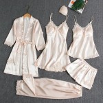 Women Summer Ice Silk Sexy Solid Color Lace Long Sleeve Nightgown Five-Piece Set Women Summer Ice Silk Sexy Solid Color Lace Long Sleeve Nightgown Five-Piece Set