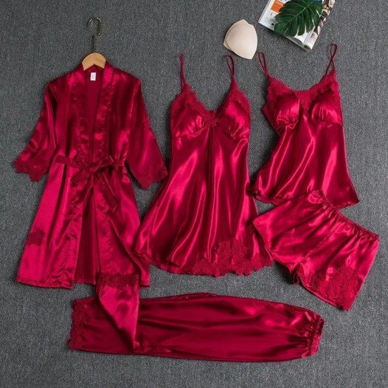 Women Summer Ice Silk Sexy Solid Color Lace Long Sleeve Nightgown Five-Piece Set Women Summer Ice Silk Sexy Solid Color Lace Long Sleeve Nightgown Five-Piece Set