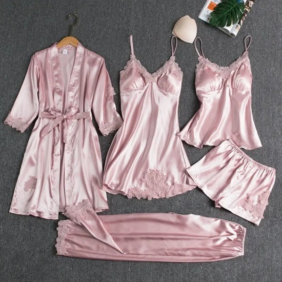 Women Summer Ice Silk Sexy Solid Color Lace Long Sleeve Nightgown Five-Piece Set Women Summer Ice Silk Sexy Solid Color Lace Long Sleeve Nightgown Five-Piece Set