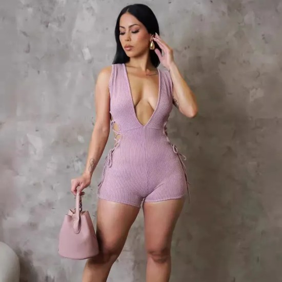 Women Fashion Sexy Solid Color Deep V-Neck Backless Lace-Up Rompers Women Fashion Sexy Solid Color Deep V-Neck Backless Lace-Up Rompers