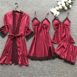 Women Sexy Solid Color Four-Piece Sling Pajamas