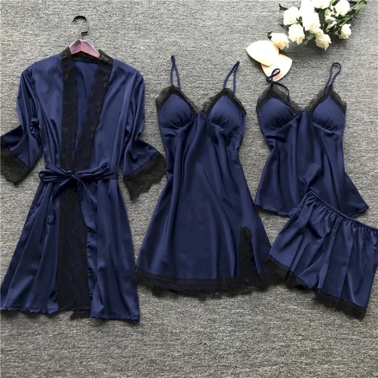 Women Sexy Solid Color Four-Piece Sling Pajamas Women Sexy Solid Color Four-Piece Sling Pajamas