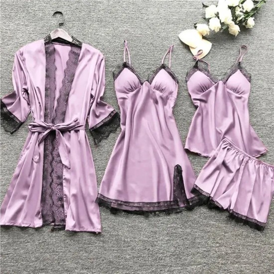 Women Sexy Solid Color Four-Piece Sling Pajamas Women Sexy Solid Color Four-Piece Sling Pajamas