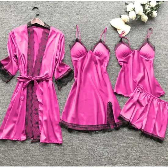 Women Sexy Solid Color Four-Piece Sling Pajamas Women Sexy Solid Color Four-Piece Sling Pajamas