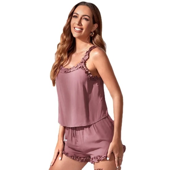 Women Fashion Solid Color Ruffled Pajamas Two-Piece Set Women Fashion Solid Color Ruffled Pajamas Two-Piece Set